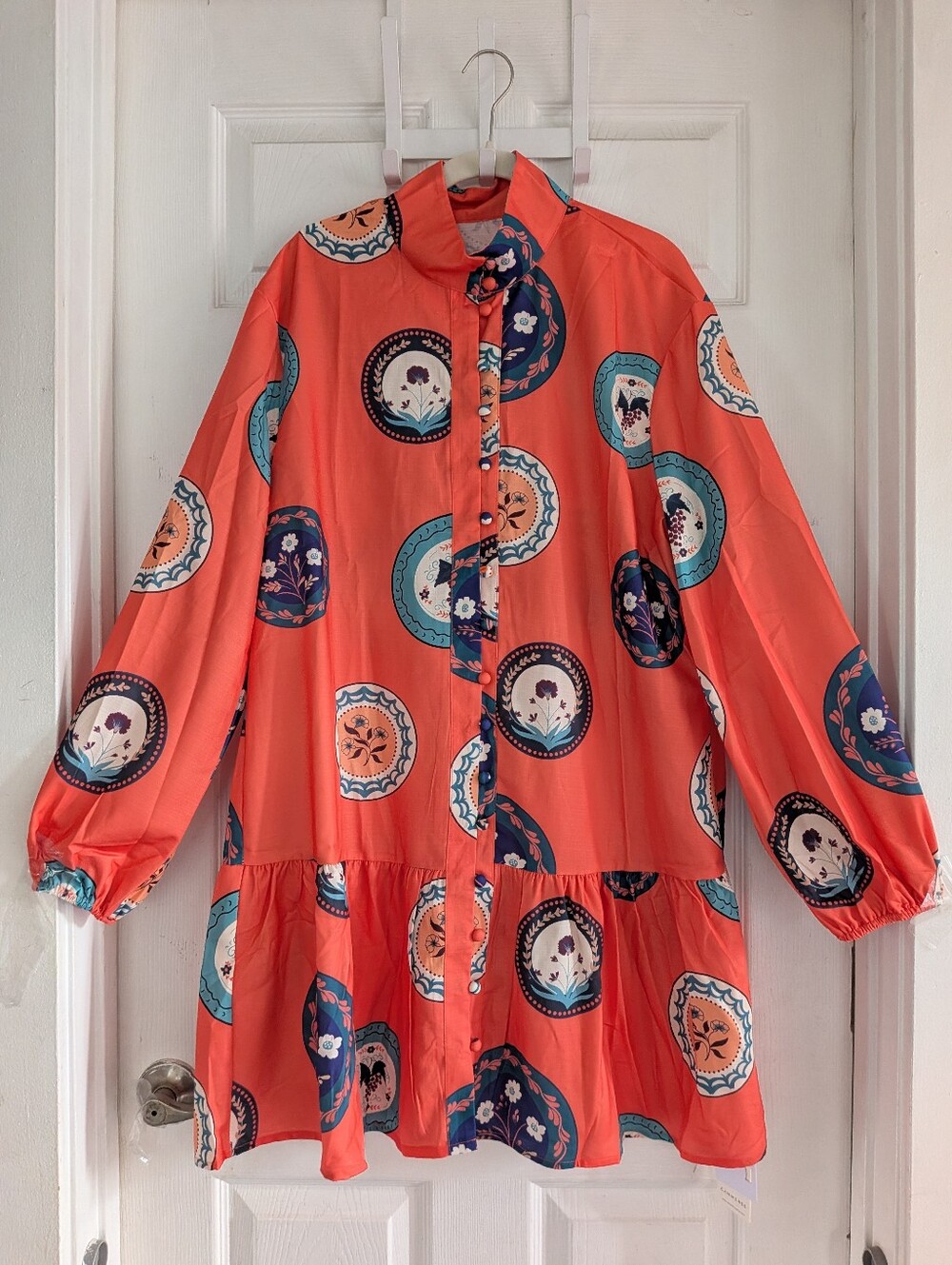 Commense Printed Belted Cotton Linen Long Sleeve Mini Dress - Picture 11 of 16